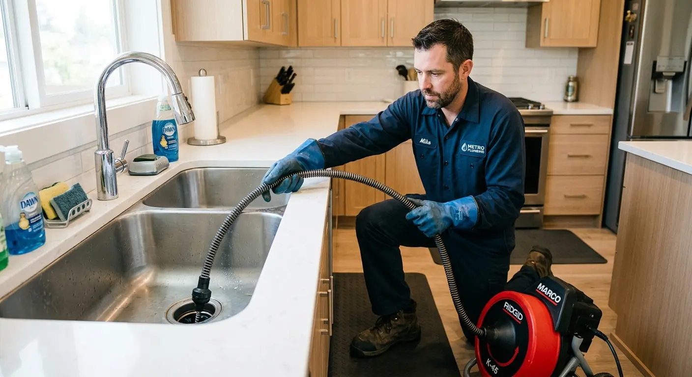 Drain cleaning technician using a motorized snake on a kitchen sink in Lennox