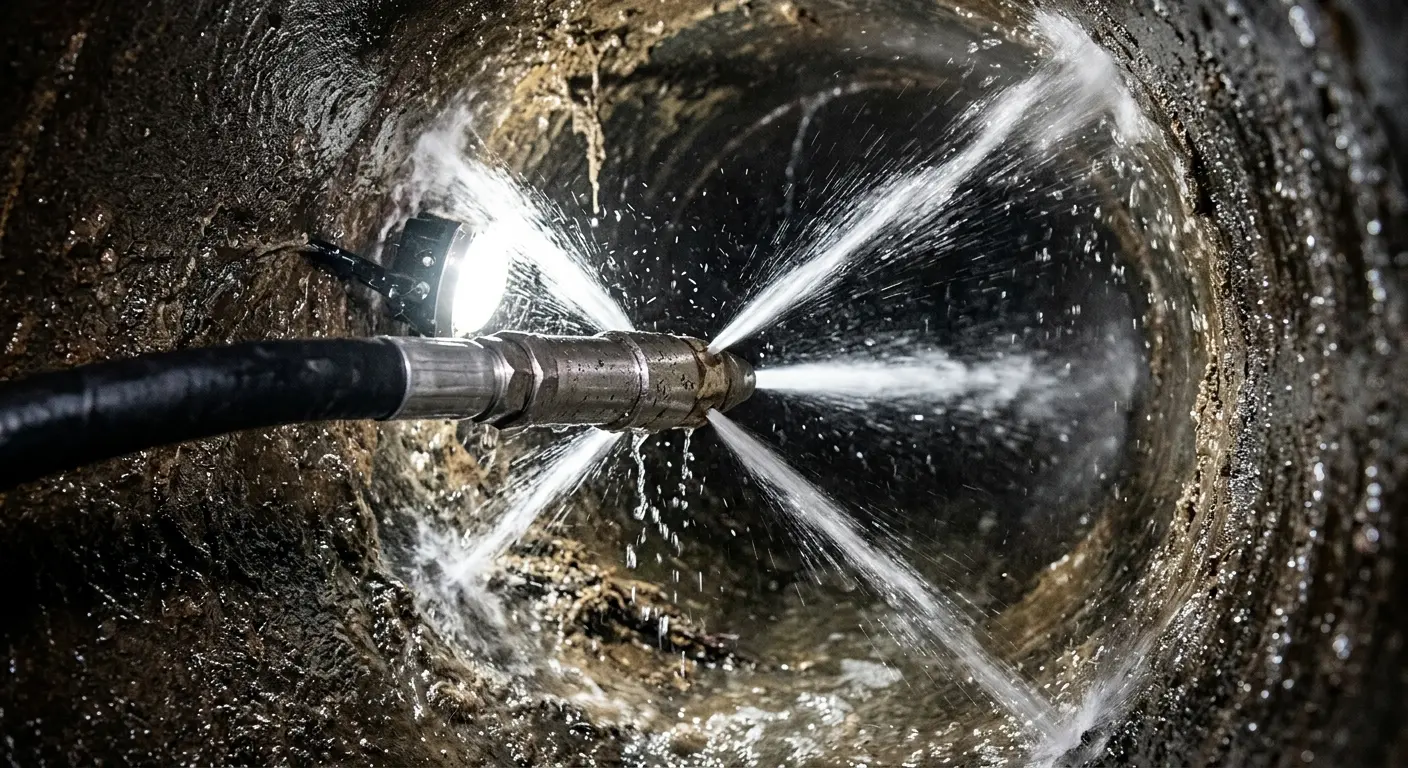High-pressure hydro jetting nozzle cleaning sewer pipe for Emergency Drain Service in Lennox
