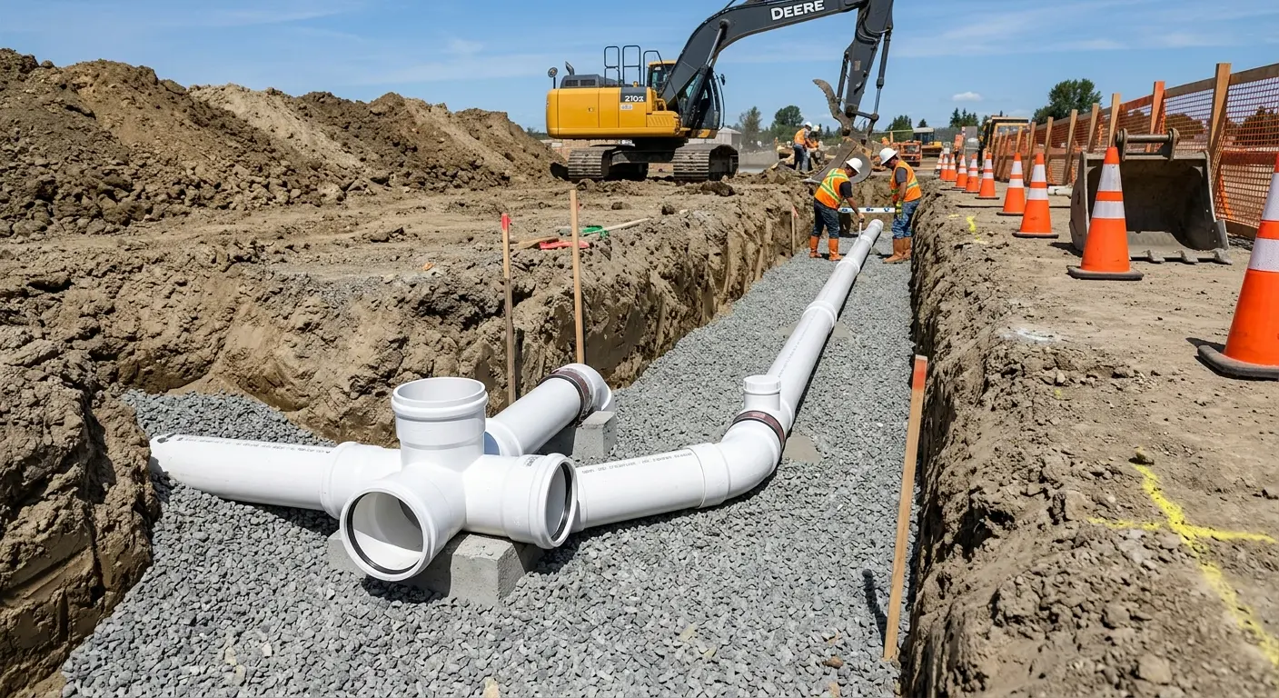 New PVC sewer pipe installation in open trench for Grease Trap Cleaning in Lennox