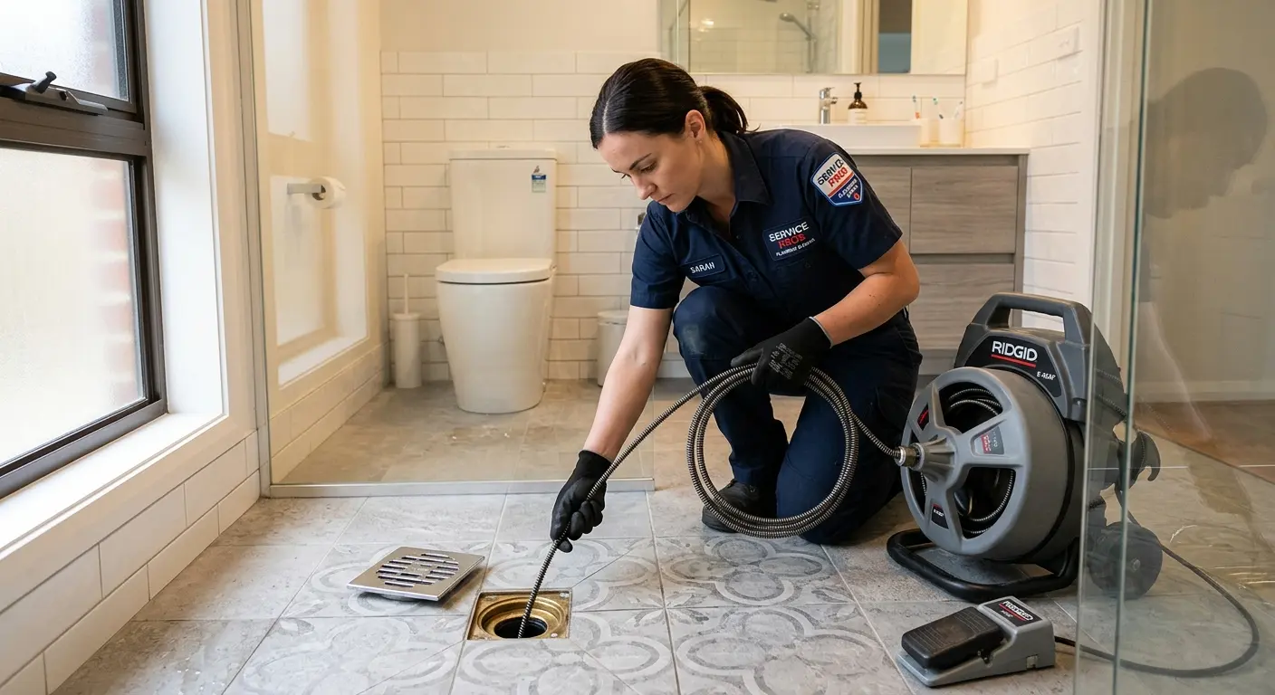 Technician clearing a bathroom floor drain for Sewer Line Installation in Lennox